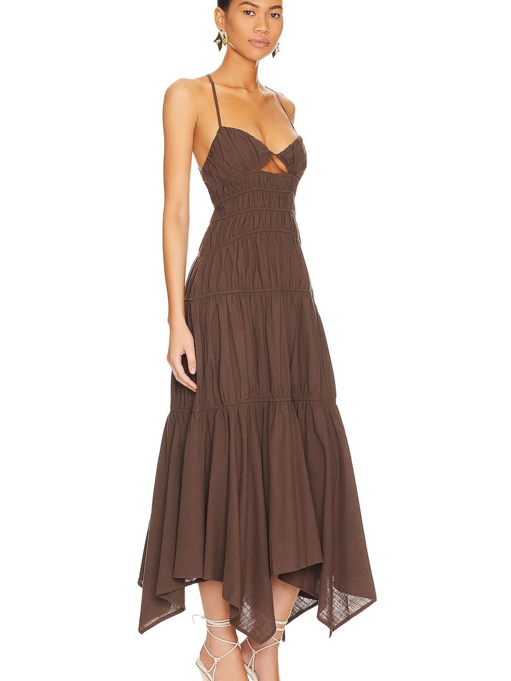 SNDYS Revolve 100% Cotton Tahlia Brown Spaghetti-Strap Tiered Midi Dress